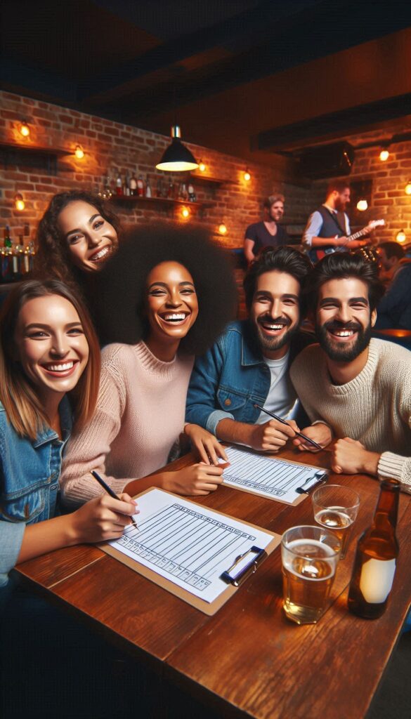 happy people playing a quiz in a bar